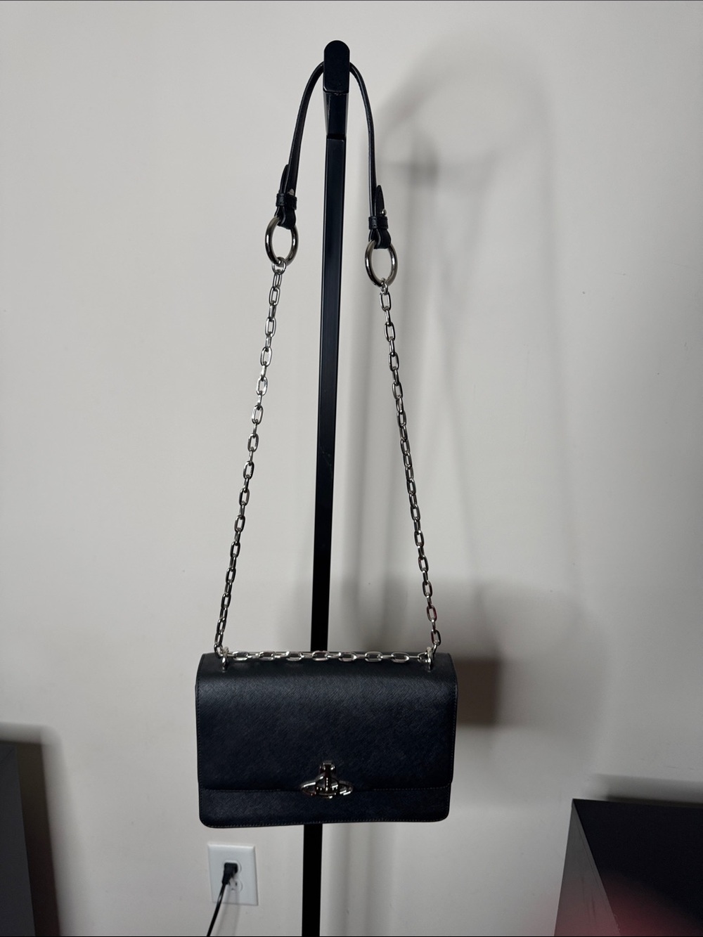 Vivienne Westwood Black Leather Shoulder Bag with Silver Chain
